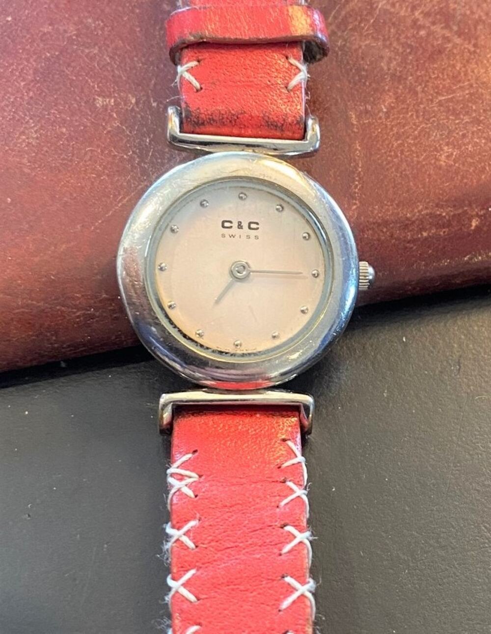 Women's 23mm Silver Tone C&C Swiss Watch, Red Leather Band